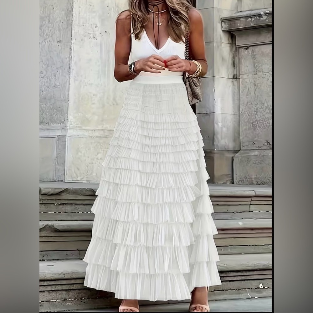 Tiered White Ruffle Maxi Skirt with Elastic Waist